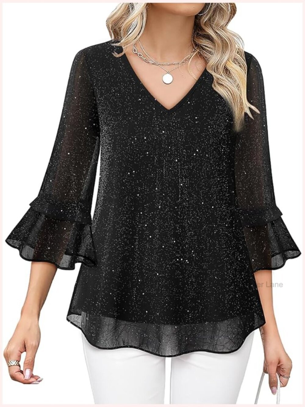 Womens Loose Fit Flowy Chiffon Blouse 3/4 Ruffle Sleeve Dressy Casual Tunic Top